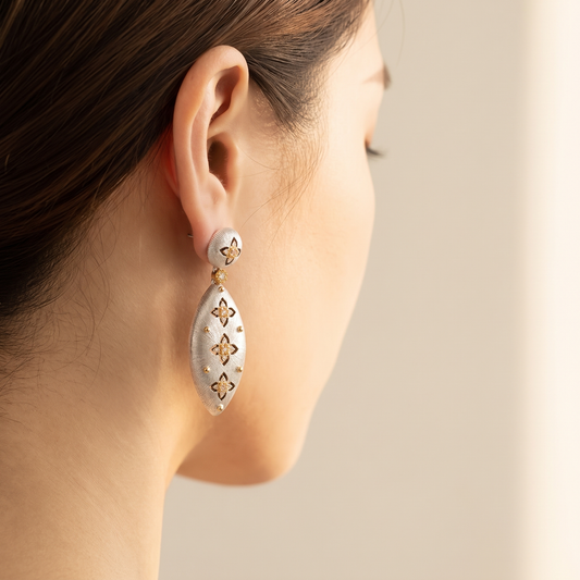 Elena Brushed Clover Drop Earrings worn, side profile