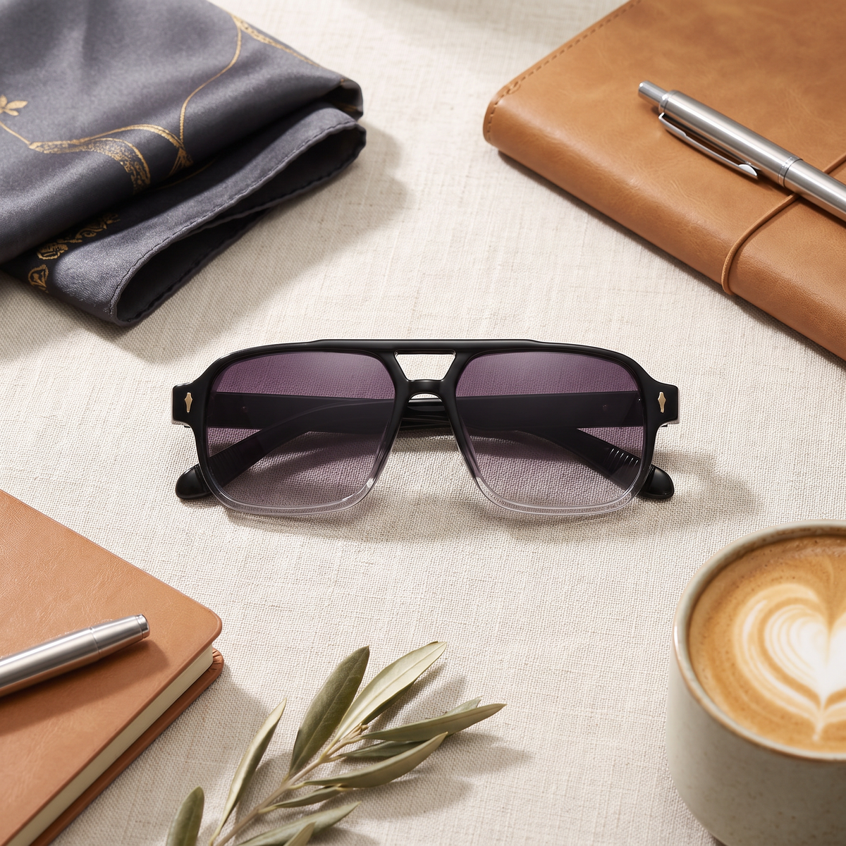 Elio Double-Bridge Sunglasses Black Fade — flatlay 1