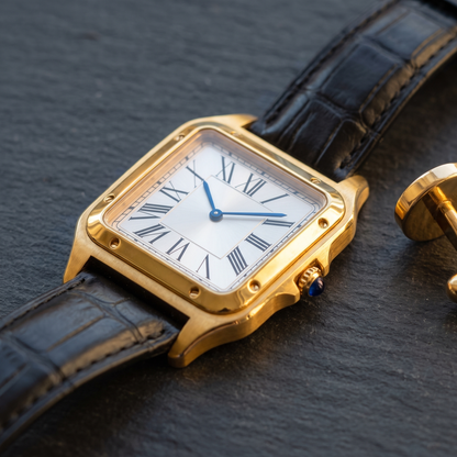 Ellis Gold Black Croc Watch styled flat-lay on dark slate, gold square case with black croc leather strap and blued hands