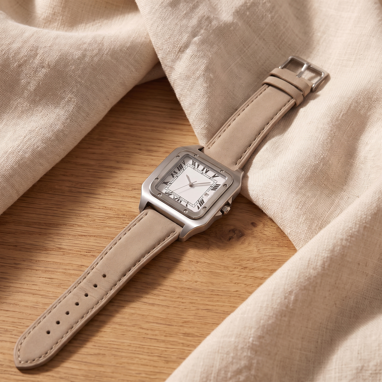 Ellis Sand Suede Square Watch flat-lay with the sand suede strap extended straight, brushed steel square case and white Roman numeral dial