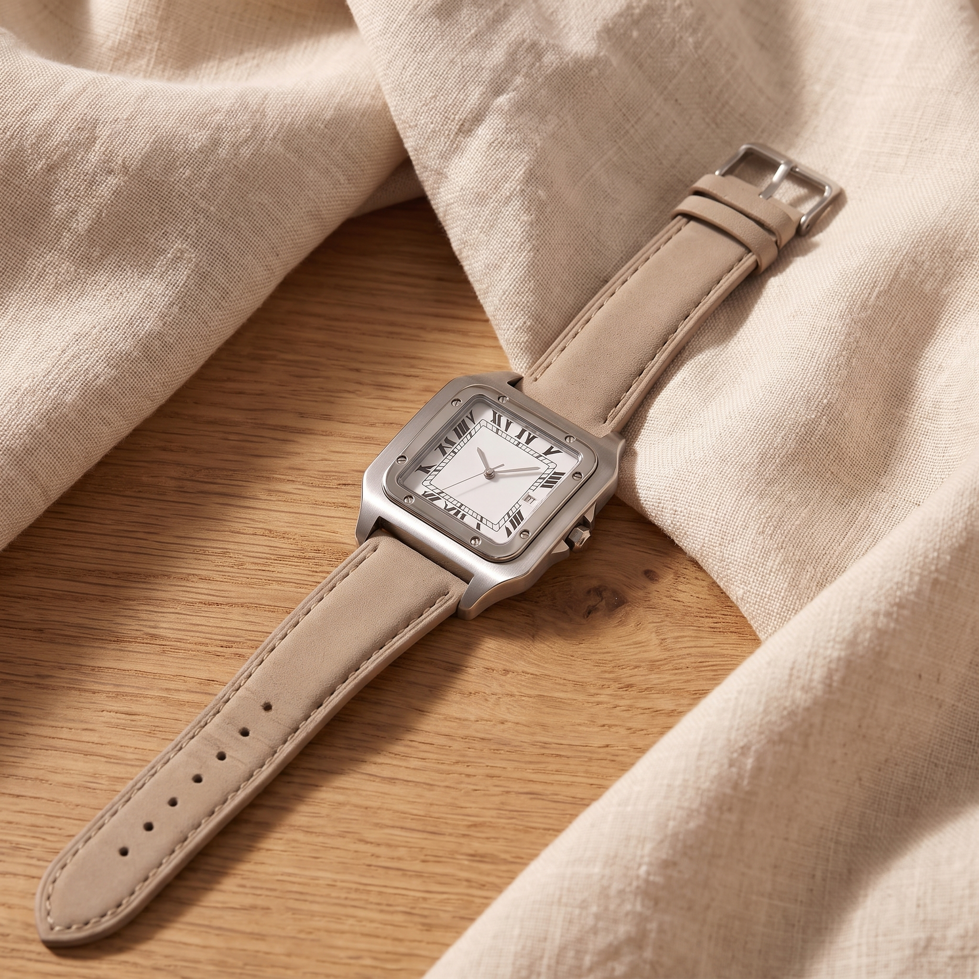 Ellis Sand Suede Square Watch flat-lay with the sand suede strap extended straight, brushed steel square case and white Roman numeral dial