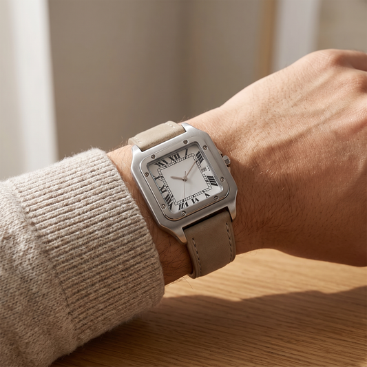 Ellis Sand Suede Square Watch worn on the wrist with a cream knit sleeve, brushed steel square case and white Roman numeral dial