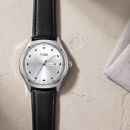 Emerson-Minimalist-Calendar-Watch Silver Black — flatlay 2