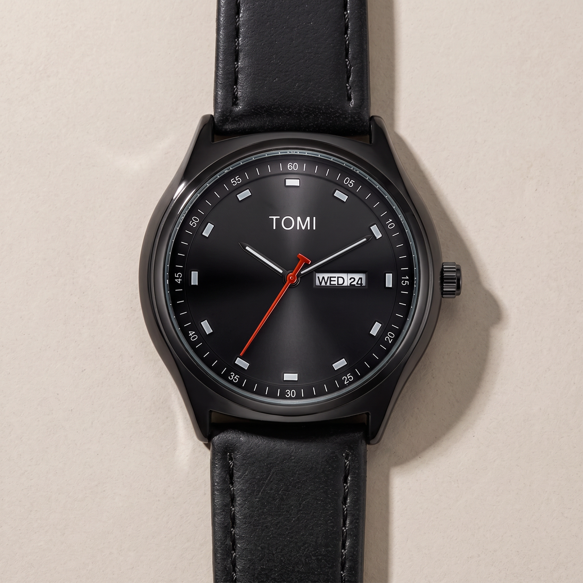 Emerson-Minimalist-Calendar-Watch All Black — flatlay 1