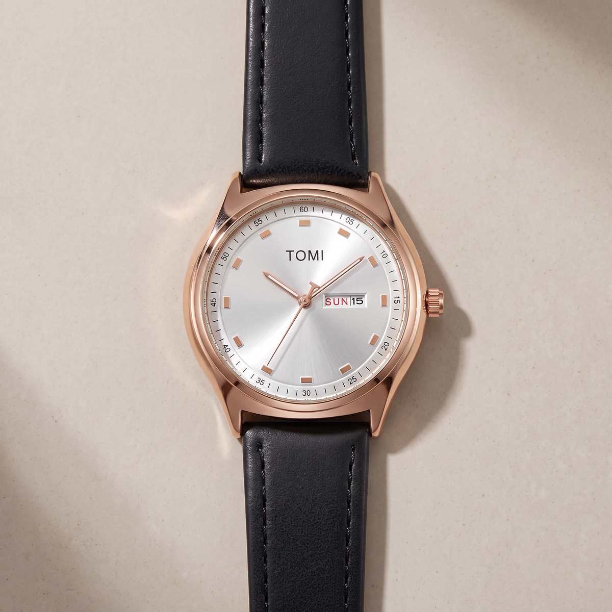 Emerson-Minimalist-Calendar-Watch Rose Gold Black — flatlay 1
