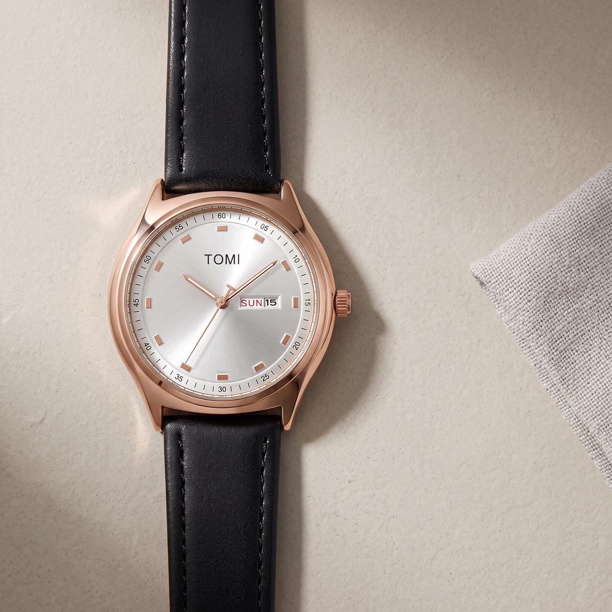 Emerson-Minimalist-Calendar-Watch Rose Gold Black — flatlay 2