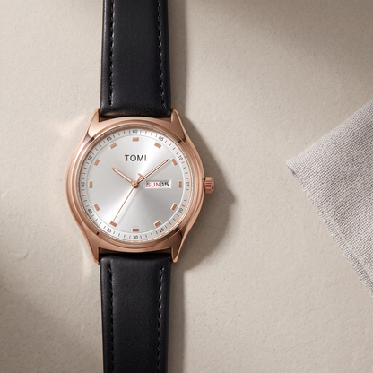 Emerson-Minimalist-Calendar-Watch Rose Gold Black — flatlay 2