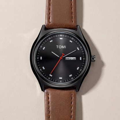 Emerson-Minimalist-Calendar-Watch Black Brown — flatlay 1