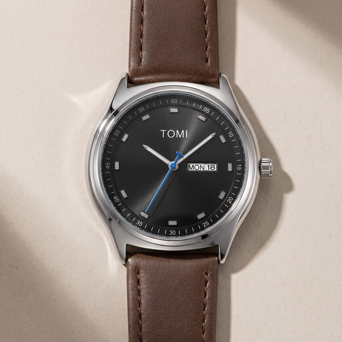 Emerson-Minimalist-Calendar-Watch Silver Brown — flatlay 1