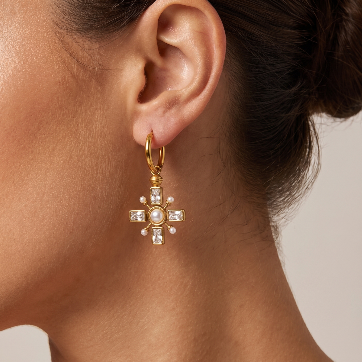 Emery-Zirconia-Drop-Earrings Gold — on model