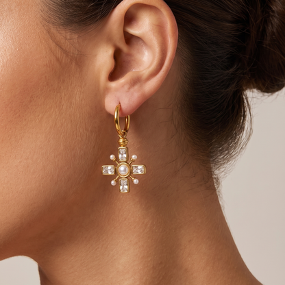 Emery-Zirconia-Drop-Earrings Gold — on model