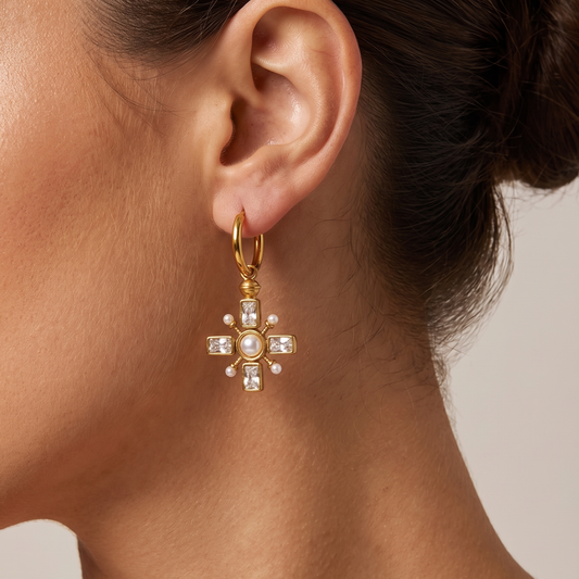 Emery-Zirconia-Drop-Earrings Gold — on model
