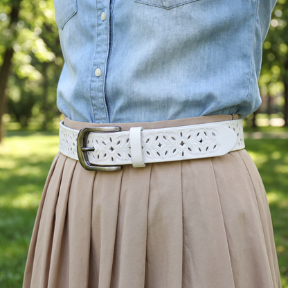 Everett-Floral-Leather-Belt White — on model
