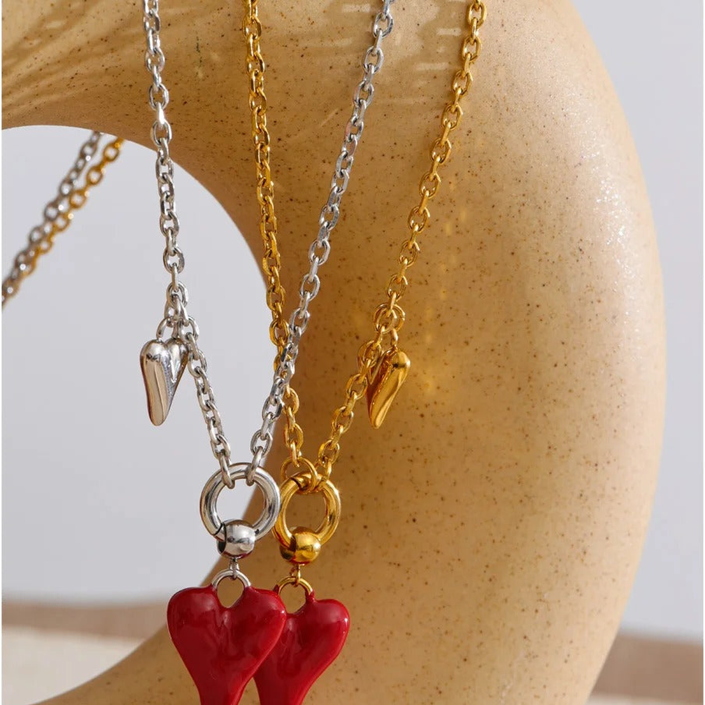 Sabrina Enamel Heart Necklace gold and silver tones displayed together