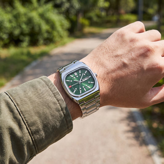 Gable Rectangular Bracelet Watch Green Silver — on model