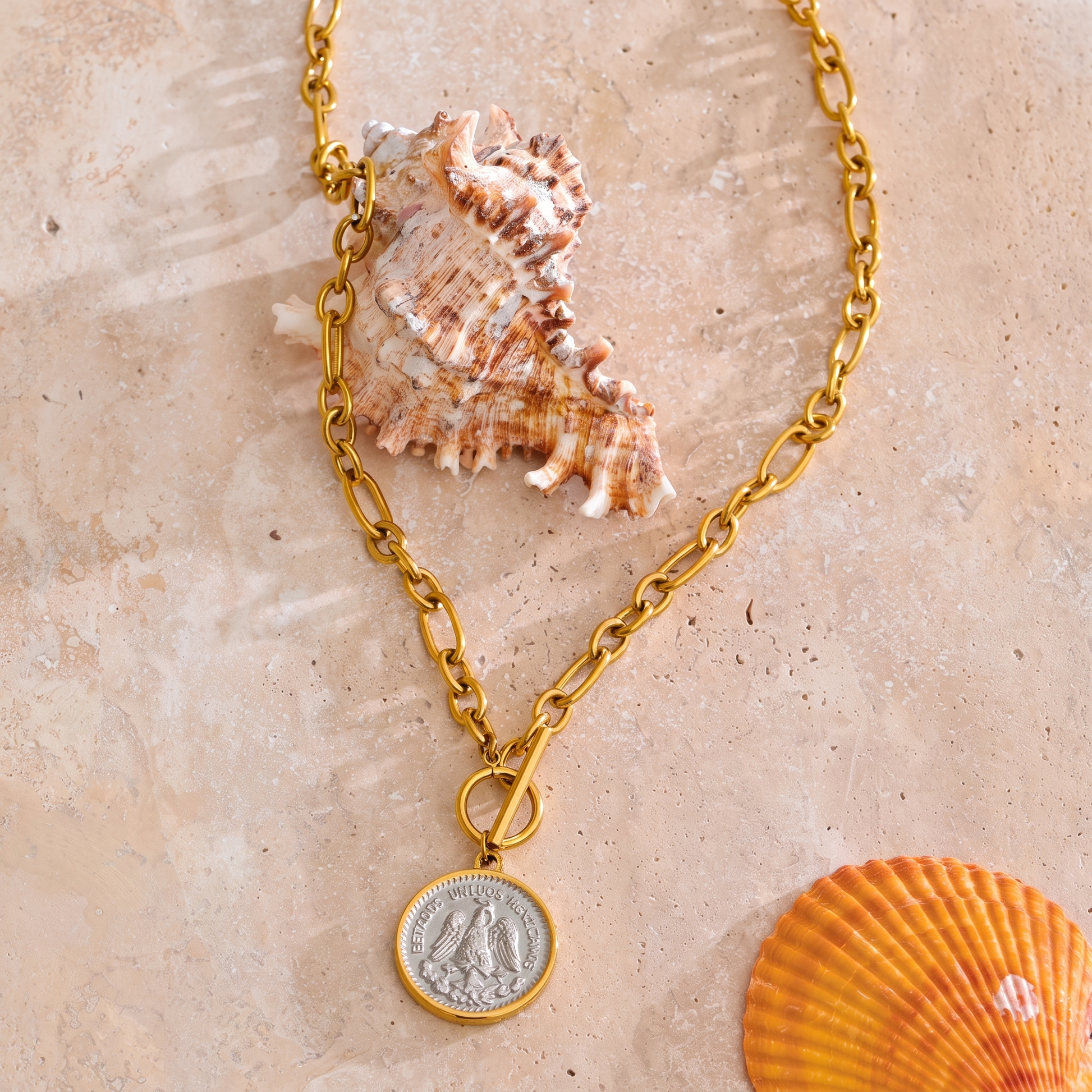 Gabrielle gold coin necklace with shells