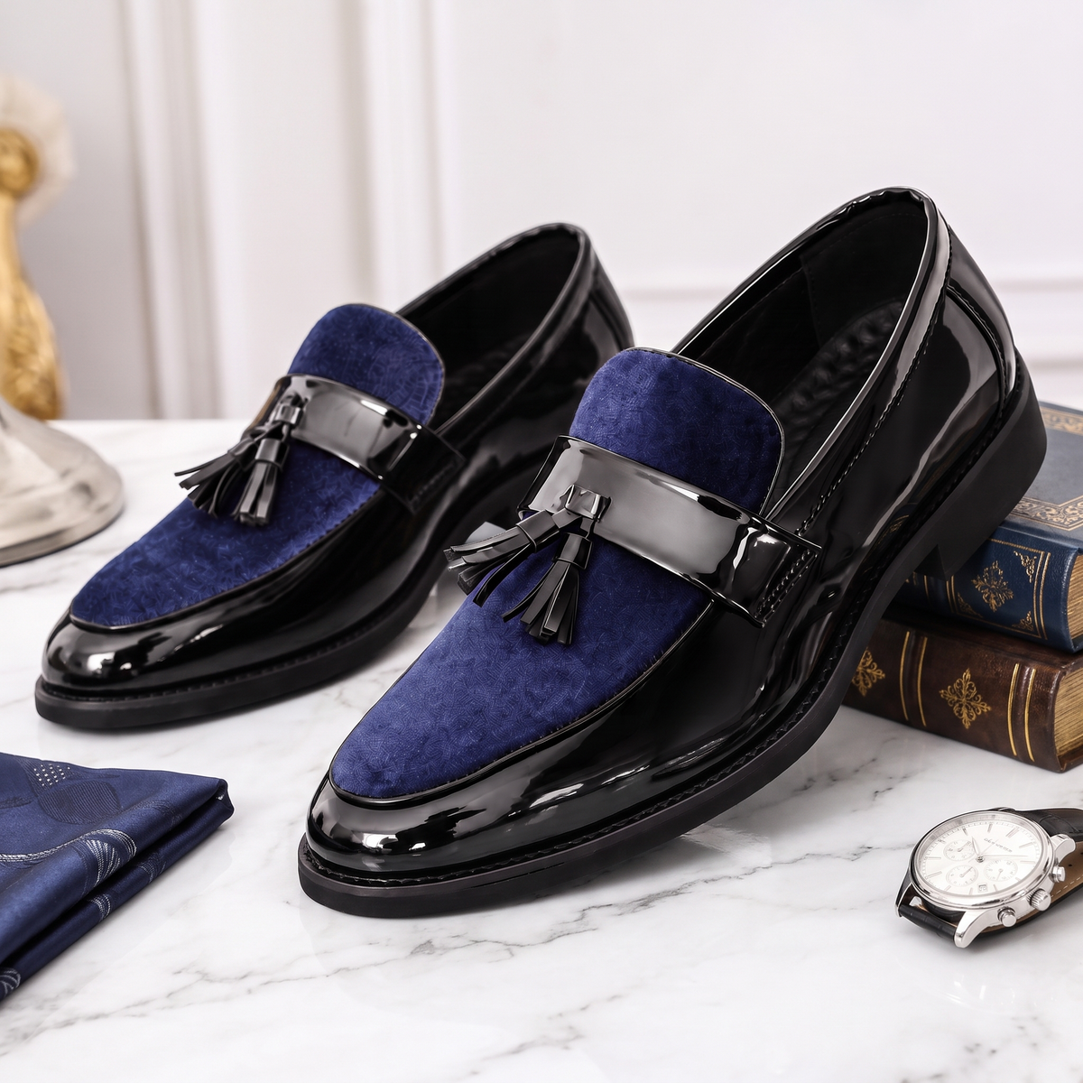 Gianni Patent Tassel Loafers Navy — flatlay 1