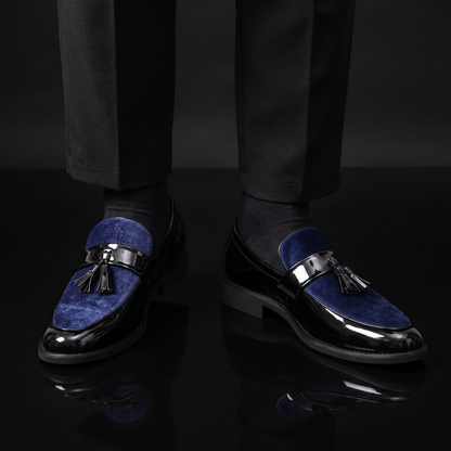 Gianni Patent Tassel Loafers Navy — on model