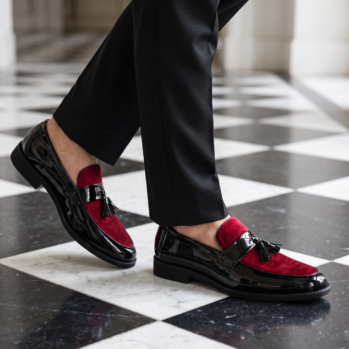 Gianni Patent Tassel Loafers Red — on model