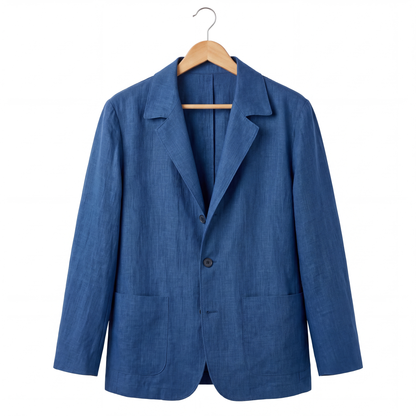 Harrison Linen Blazer in Blue on a hanger