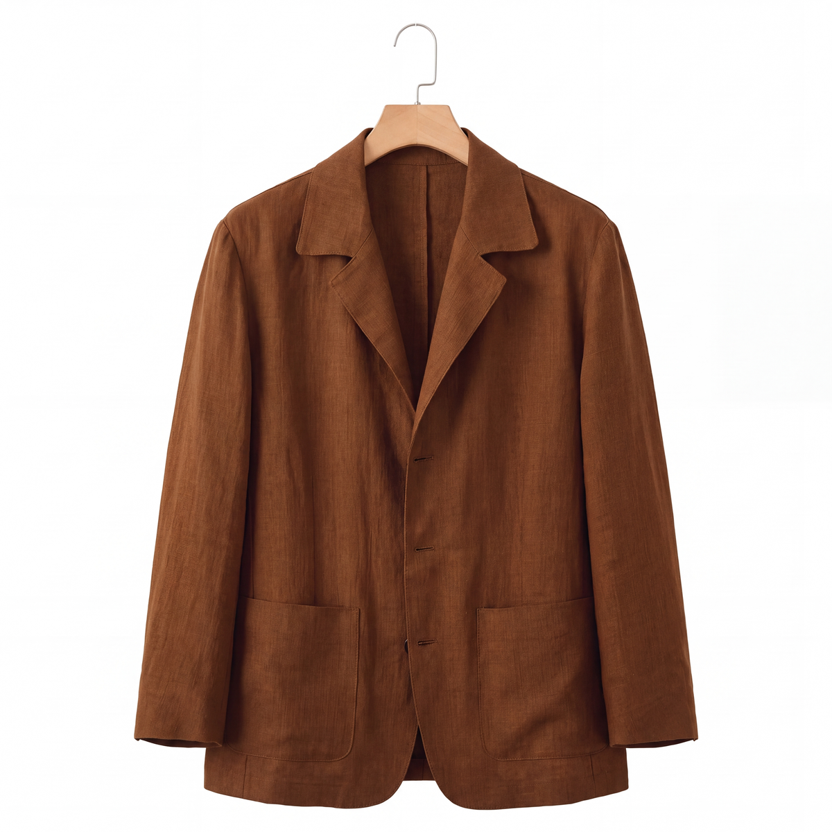 Harrison Linen Blazer in Brown on a hanger