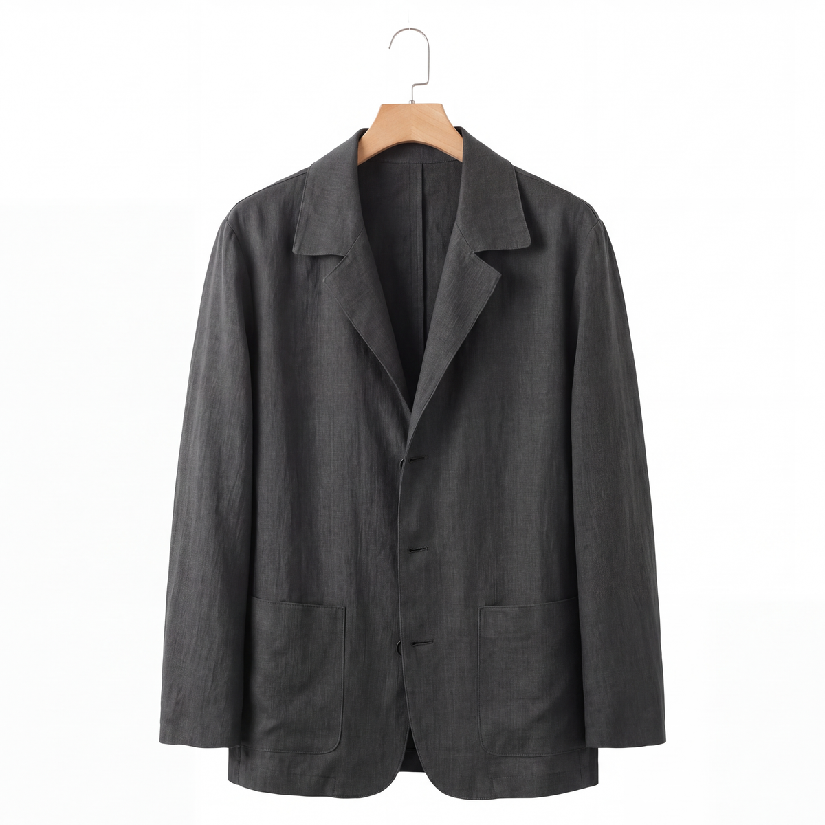Harrison Linen Blazer in Charcoal on a hanger