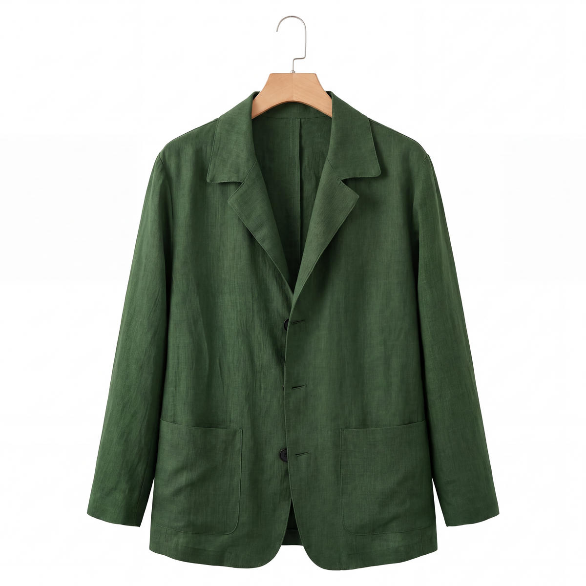 Harrison Linen Blazer in Forest Green on a hanger