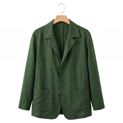 Harrison Linen Blazer in Forest Green on a hanger