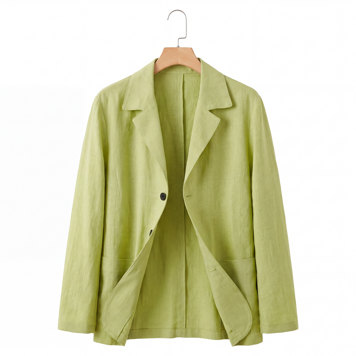 Harrison Linen Blazer in Light Green on a hanger