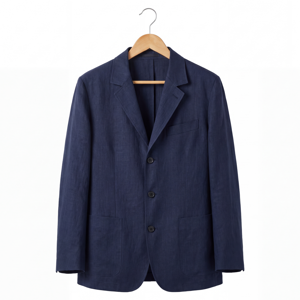 Harrison Linen Blazer in Navy on a hanger
