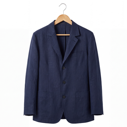 Harrison Linen Blazer in Navy on a hanger