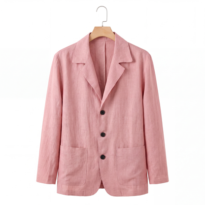 Harrison Linen Blazer in Pink on a hanger
