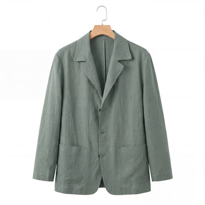 Harrison Linen Blazer in Sage on a hanger