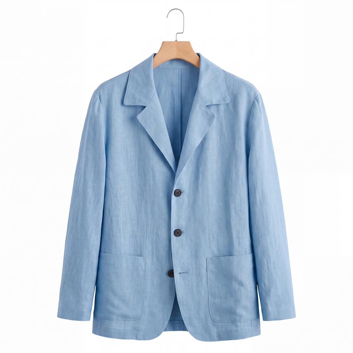 Harrison Linen Blazer in Sky Blue on a hanger