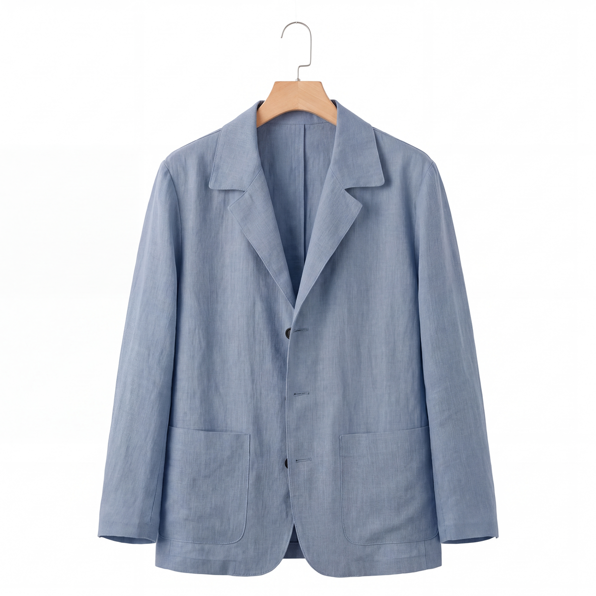 Harrison Linen Blazer in Steel Blue on a hanger