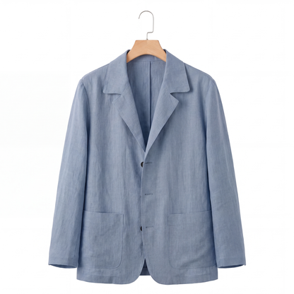Harrison Linen Blazer in Steel Blue on a hanger