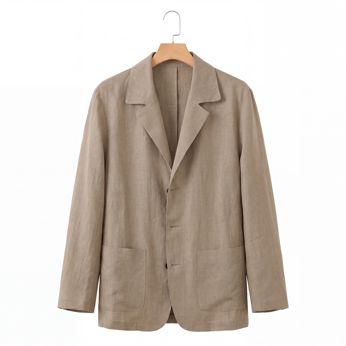 Harrison Linen Blazer in Taupe on a hanger