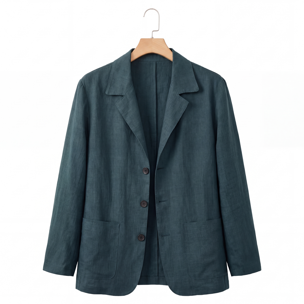 Harrison Linen Blazer in Teal on a hanger