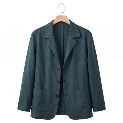Harrison Linen Blazer in Teal on a hanger