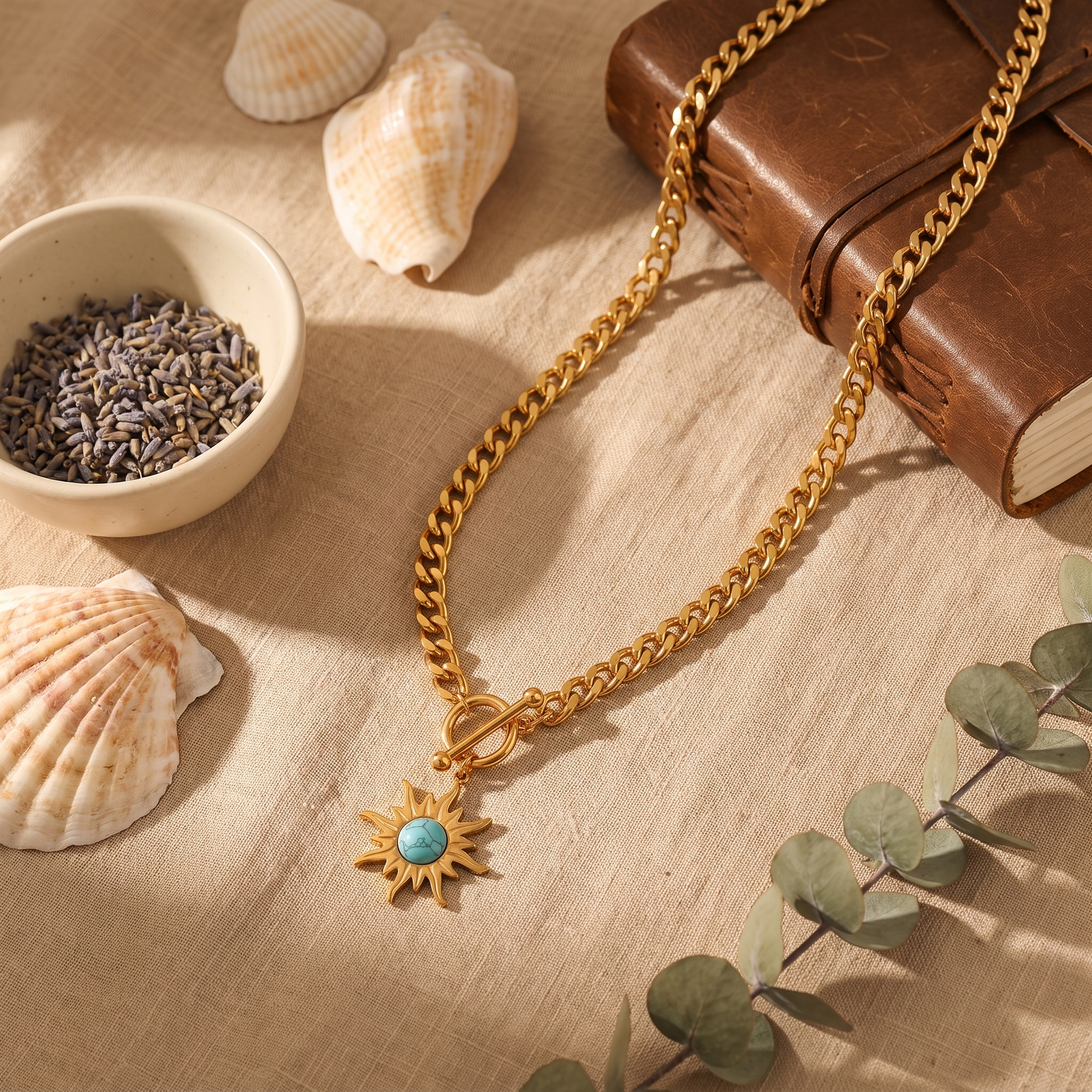 Helia-Sunburst-Pendant-Necklace Gold Flat — flatlay 1