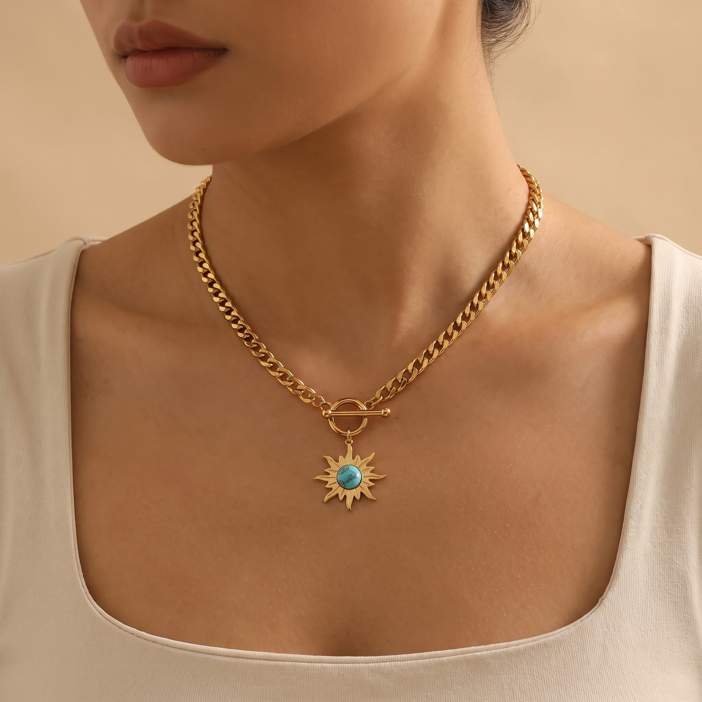 Helia-Sunburst-Pendant-Necklace Gold Model — on model