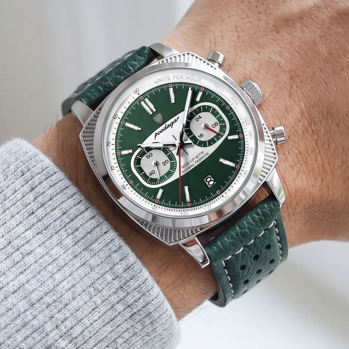 Henley Steel Chrono Watch Green — on model