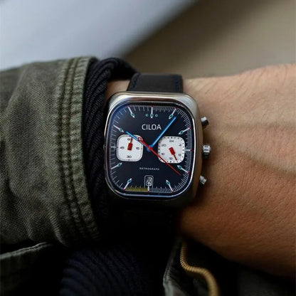 Holt square chrono watch, black leather strap, worn on wrist alternate angle