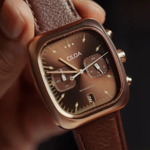 Holt square chrono watch, brown leather strap, close-up detail
