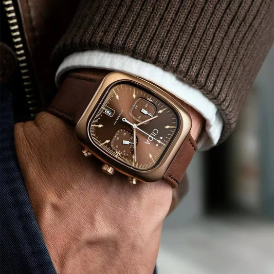 Holt square chrono watch, brown leather strap, worn on wrist