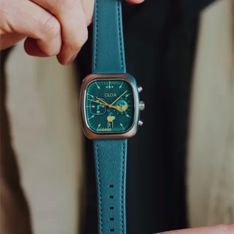 Holt square chrono watch, green leather strap, close-up detail