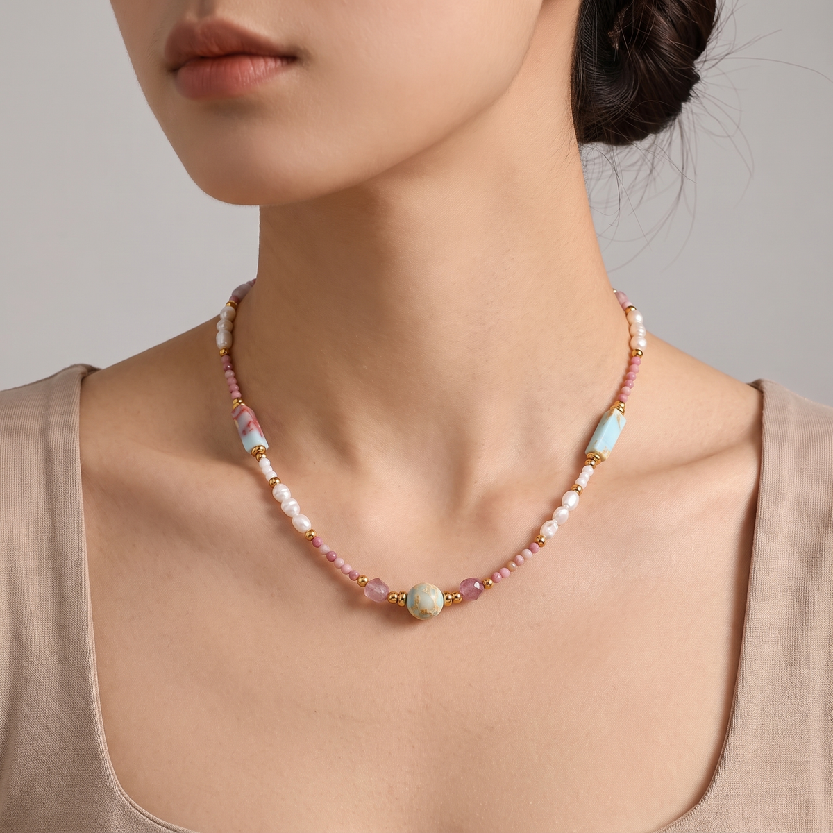 Isla-Pearl-Bead-Necklace Multicolor — on model