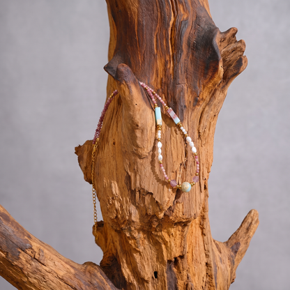 Isla Pearl Bead Necklace hanging detail with gold clasp