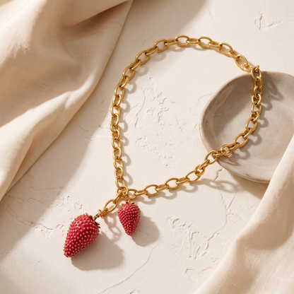 Jolie Strawberry Charm Necklace gold-tone chain with red enamel strawberry charms