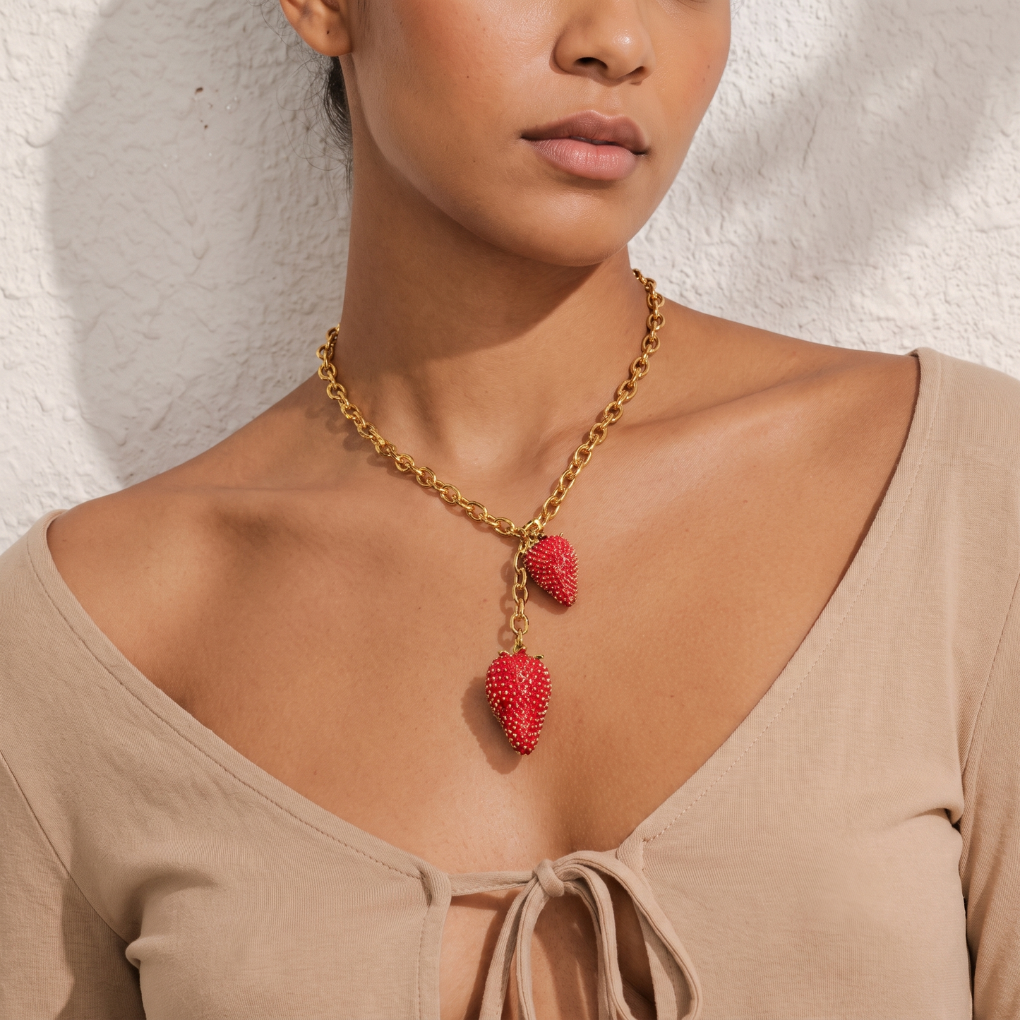 Jolie-Strawberry-Charm-Necklace Gold — on model